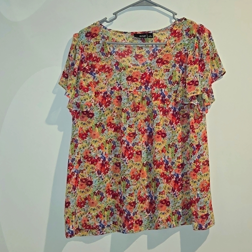 a.n.a. red white pink green blue floral sheer top. Size medium.